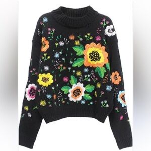 EMBROIDERED BLACK FLORAL GARDEN KNIT PULLOVER SWEATER VERY GD COND SIZE MED